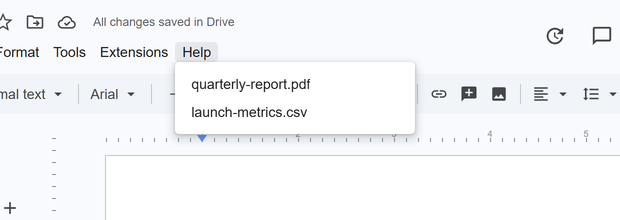 The Help menu open on the disguised page, listing two attached files: quarterly-report.pdf and launch-metrics.csv.