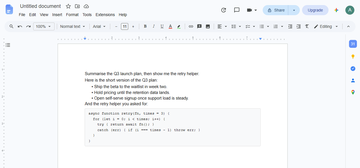 The disguised page: a document titled Untitled document with a menu row, formatting toolbar, ruler and a white page holding the conversation as plain text.
