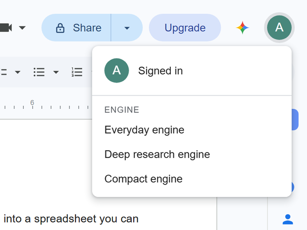 The account dropdown open under the avatar, showing a “Signed in” row and an ENGINE heading above three engine choices.