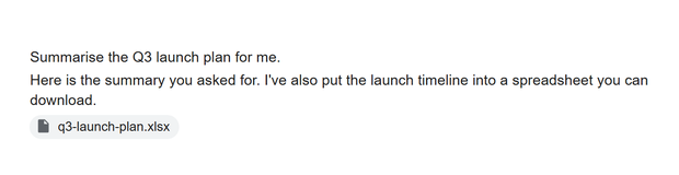 A reply on the document page ending in a grey file chip named q3-launch-plan.xlsx.