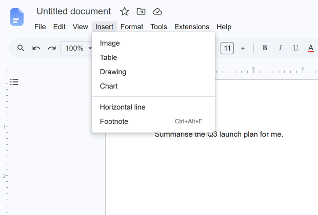 The Insert menu open on the disguised page, listing Image, Table, Drawing, Chart, Horizontal line and Footnote.