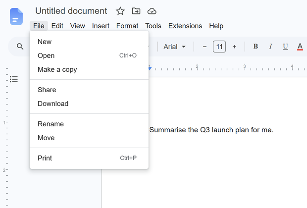 The File menu open on the disguised page, showing New, Open, Make a copy, Share, Download, Rename, Move and Print with their shortcuts.