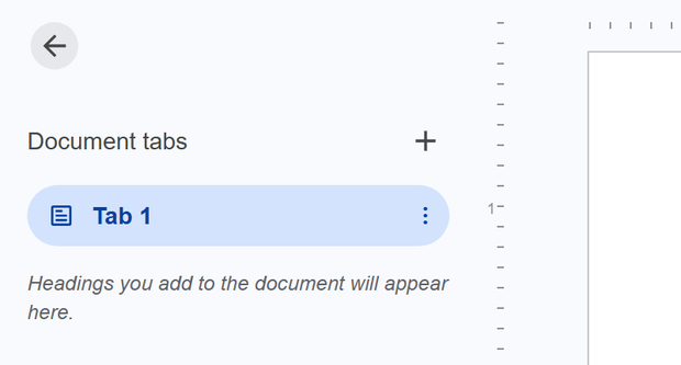 The side panel open, showing a “Document tabs” heading, a plus button, and a highlighted “Tab 1” entry.