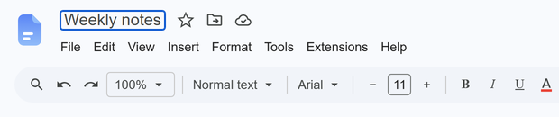 The document title being edited in place, reading “Weekly notes” inside an active text field.