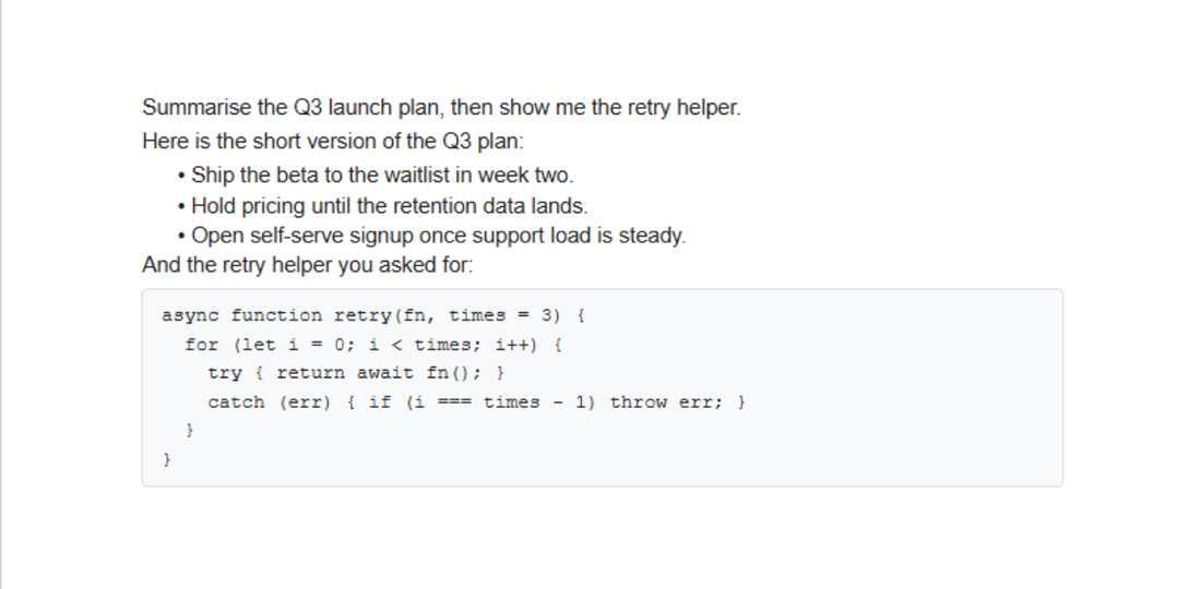A reply on the page as document text: a paragraph, three bullet points, and a monospaced code block in a grey panel.