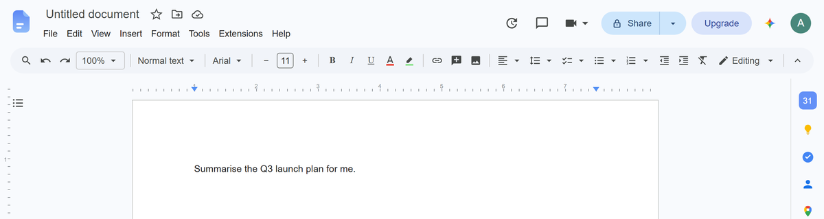 A sentence being typed straight onto the document page: “Summarise the Q3 launch plan for me.”